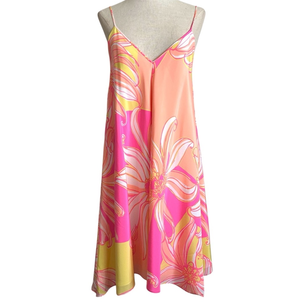 Lilly Pulitzer Silk Women's Clara Trapeze Pink Orange Floral Print Dress XS
